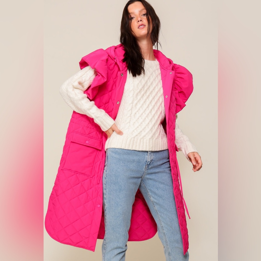 Timing Ruffle Cap Sleeve Quilted Midi Jacket Hot Pink Women’s Size Small New - Picture 2 of 12